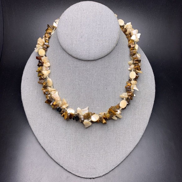 Tigers Eye Mother of Pearl Necklace Beaded Gemstone MOP Shell Torsade Twisted - Picture 1 of 8